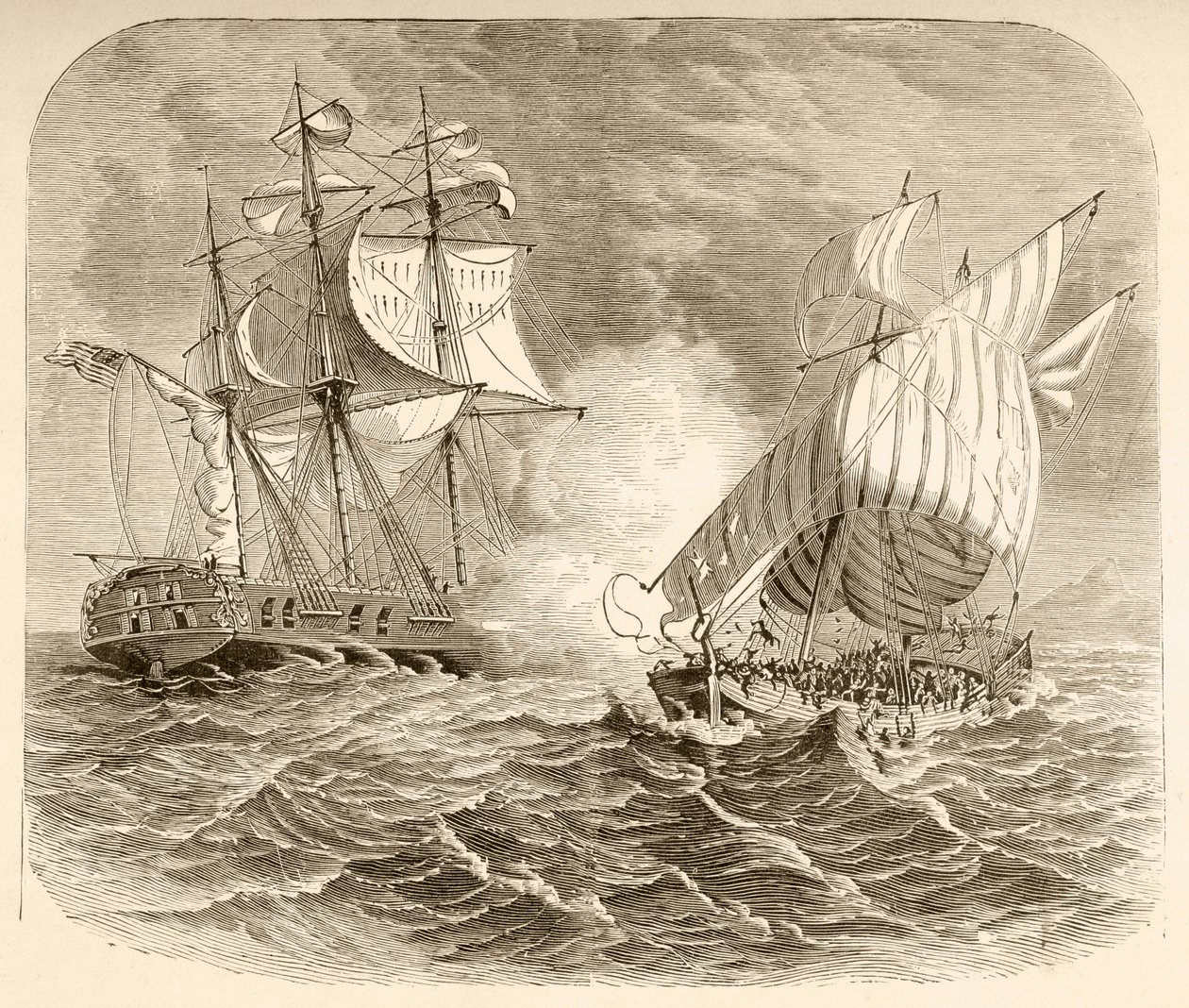 Ein amerikanisches Marineschiff erobert ein algerisches Piratenschiff vor der Barbareskenküste während des Ersten Barbareskenkriegs (Lithografie) von English School