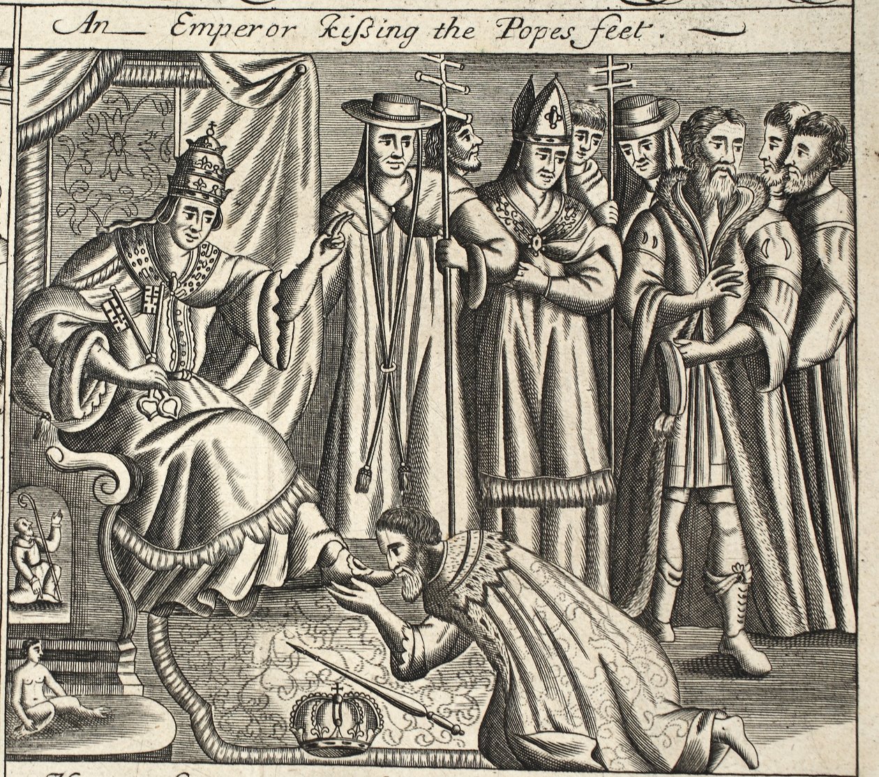 Ein Kaiser küsst die Füße des Papstes, Illustration aus Acts and Monuments von John Foxe, neunte Ausgabe, veröffentlicht 1684 von English School