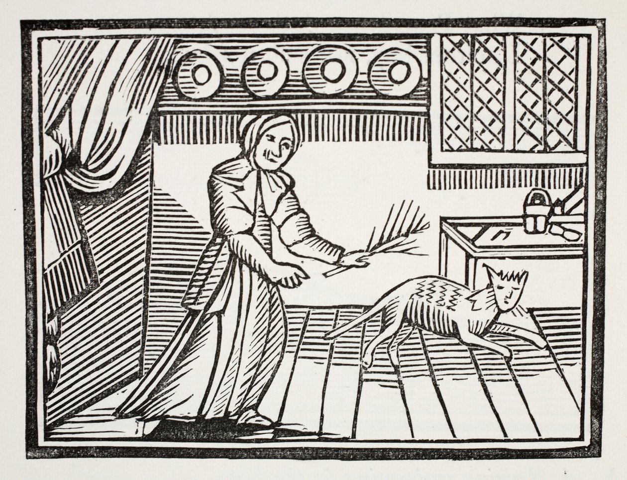 Eine alte Frau peitscht ihre Katze aus, weil sie an einem Sonntag Mäuse fängt, Illustration aus Chap-books des achtzehnten Jahrhunderts von John Ashton, veröffentlicht 1882 von English School