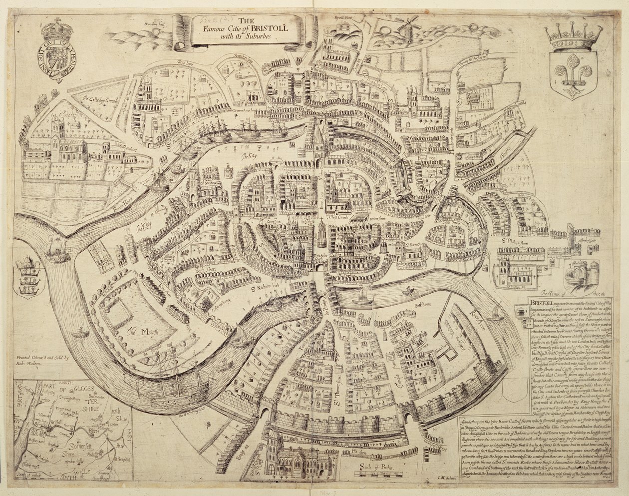 Alter Stadtplan von Bristol und seinen Vororten, gedruckt, koloriert und verkauft von Robert Walton von English School