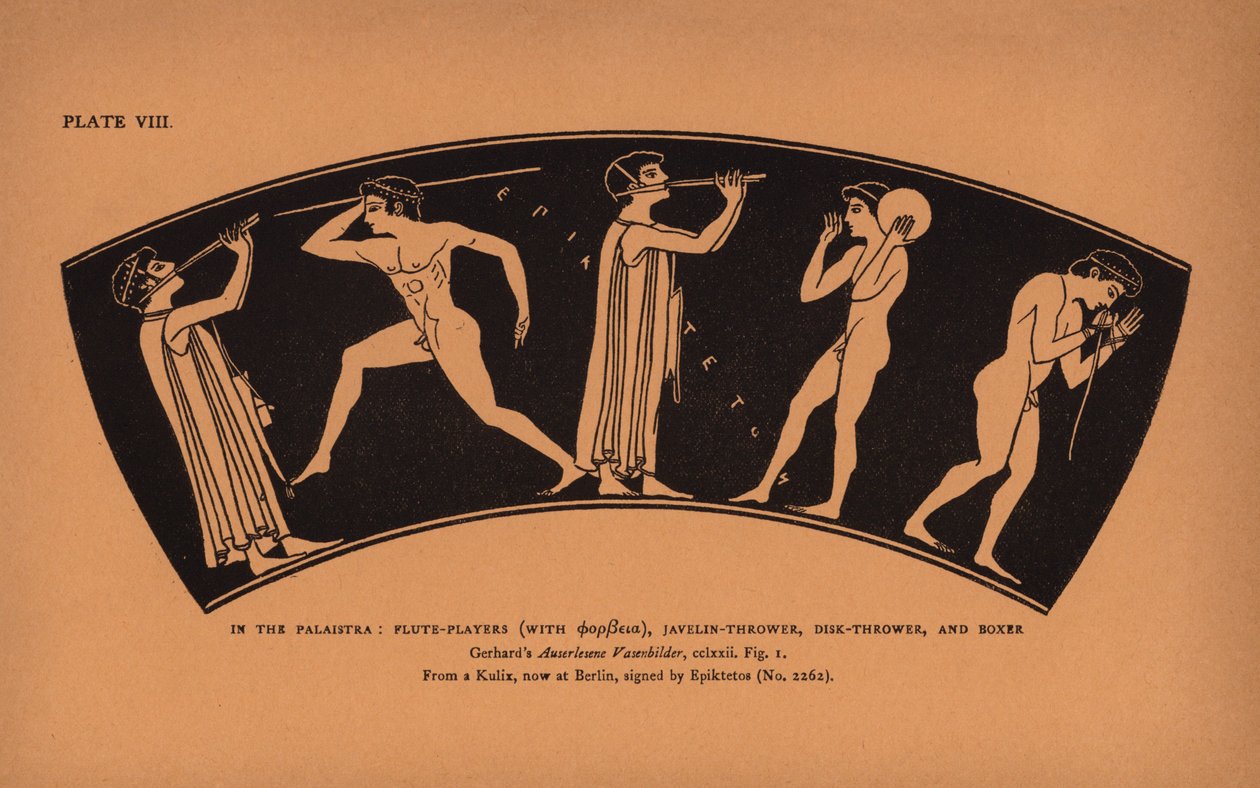Antike griechische Erziehung: In der Palaistra, Flötenspieler, Speerwerfer, Diskuswerfer und Boxer (Lithografie) von English School