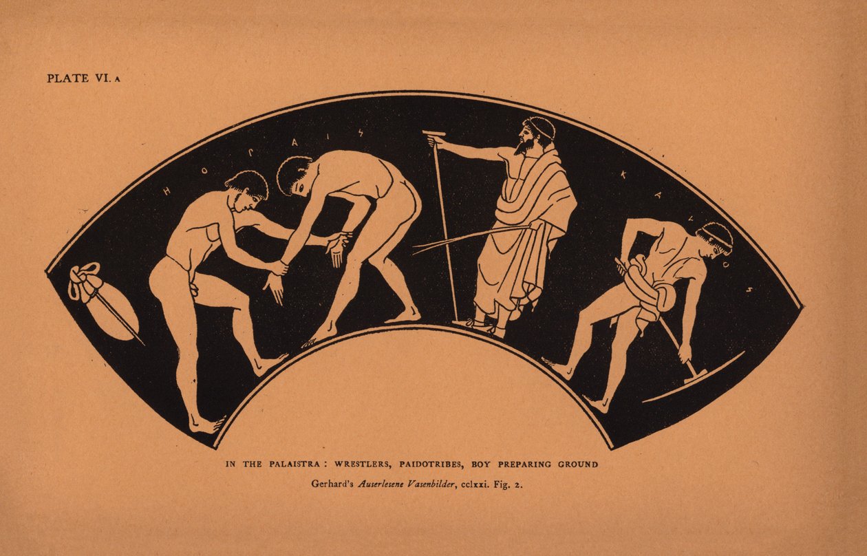 Antike griechische Erziehung: In der Palaistra, Ringer, Paidotribes, Junge bereitet den Boden vor (Lithografie) von English School