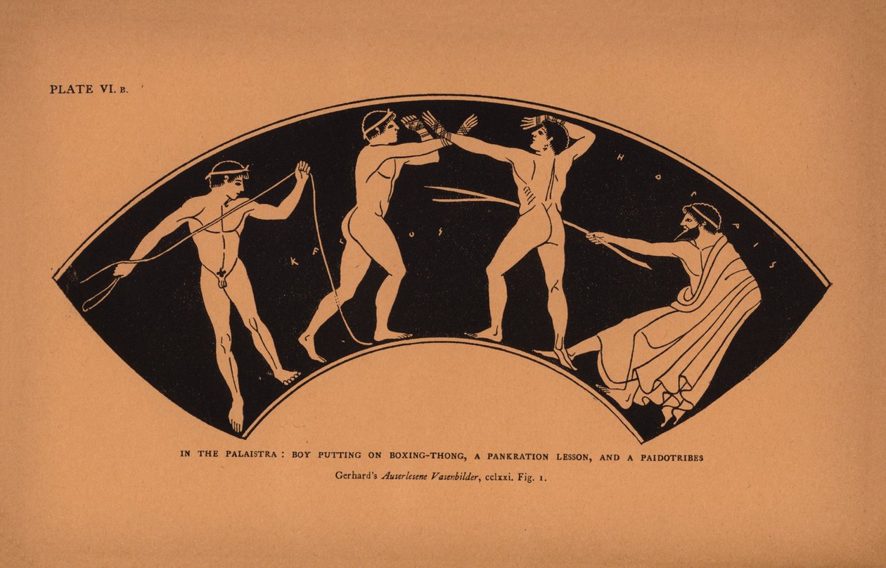 Antike griechische Bildung: In der Palaistra: Junge zieht Boxriemen an, eine Pankration-Lektion und ein Paidotribes von English School