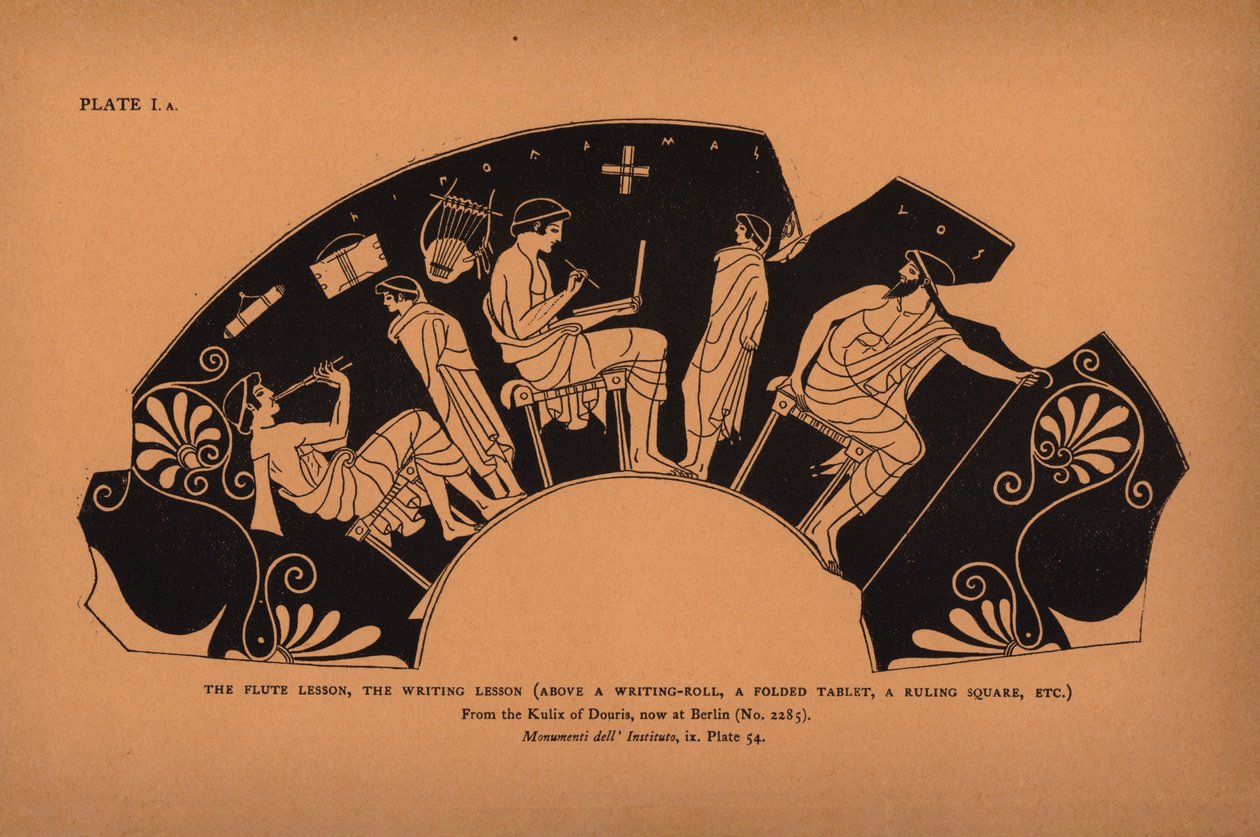 Antike griechische Erziehung: Die Flötenstunde, die Schreibstunde, oben eine Schriftrolle, eine gefaltete Tafel, ein Linealquadrat, ... von English School