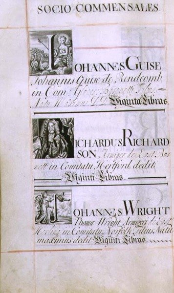 Archiv 3693 f.60v Seite mit der Auflistung von drei Wohltätern des New College, Oxford; Johannes Guise, Richardus Richardson und Johannes Wright, aus einem Wohltätigkeitsbuch, 16812-84 von English School