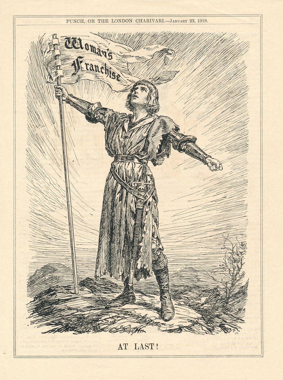 Endlich, Illustration einer weiblichen Kriegerin, die das Frauenwahlrecht feiert, Punch, 23. Januar von English School