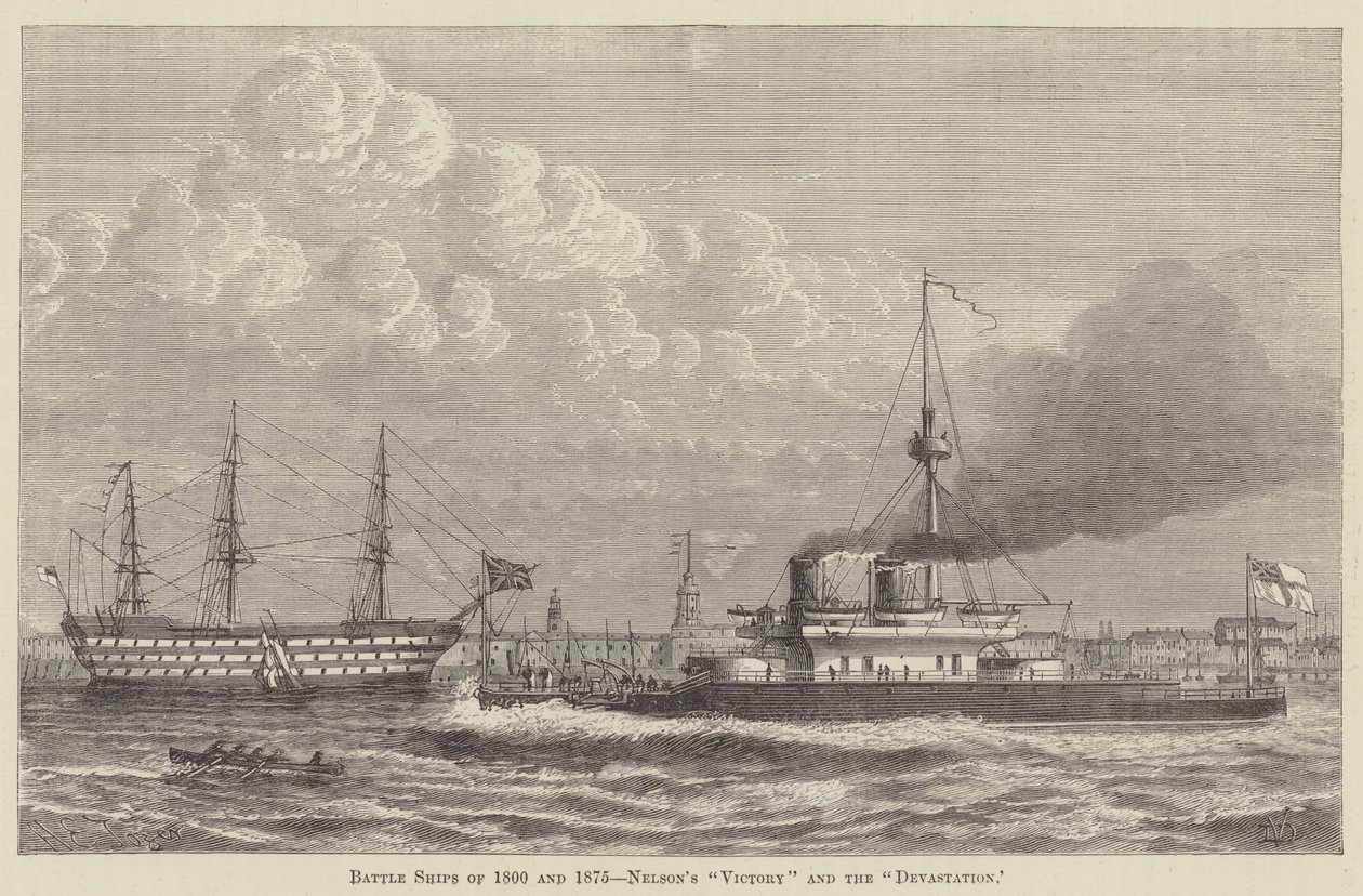 Kriegsschiffe von 1800 und 1875, Nelsons "Victory" und die "Devastation" von English School