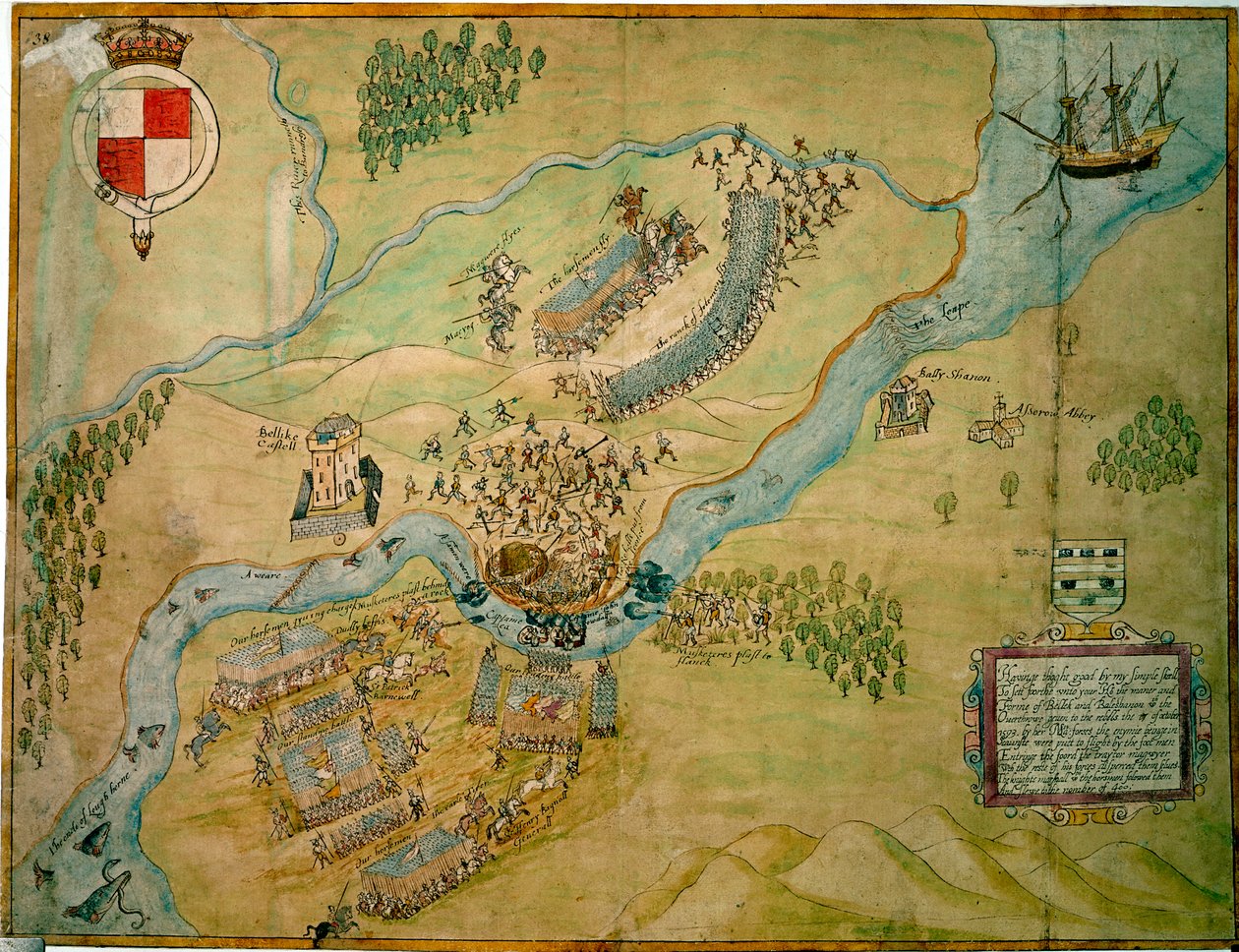 Schlacht am Erne Ford im Jahr 1593 (Feder und Tinte mit Waschung auf Papier) von English School