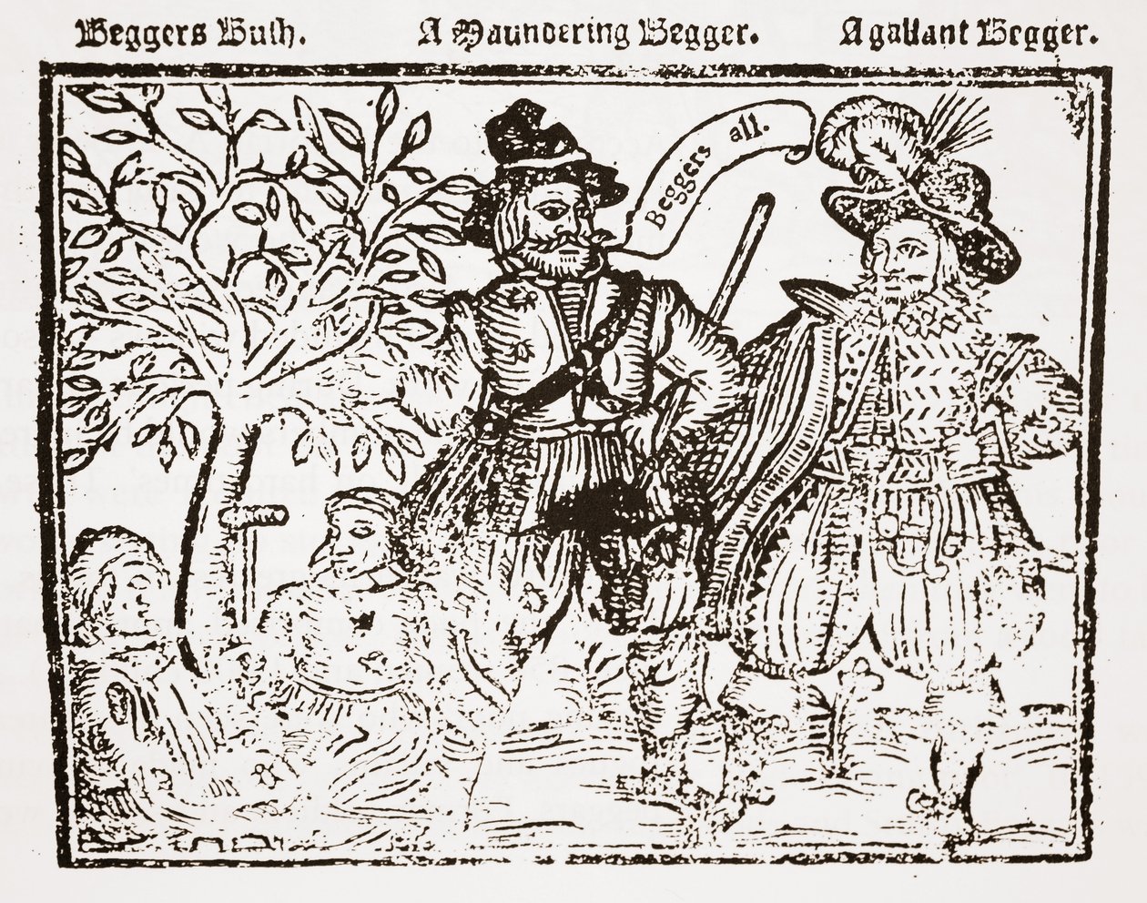 Bettler Aller: Bettlers Busch, ein wandernder Bettler und ein galanter Bettler, Titelseite von Das Lob, die Antike und der Nutzen des Bettelns, der Bettler und des Bettelns von English School