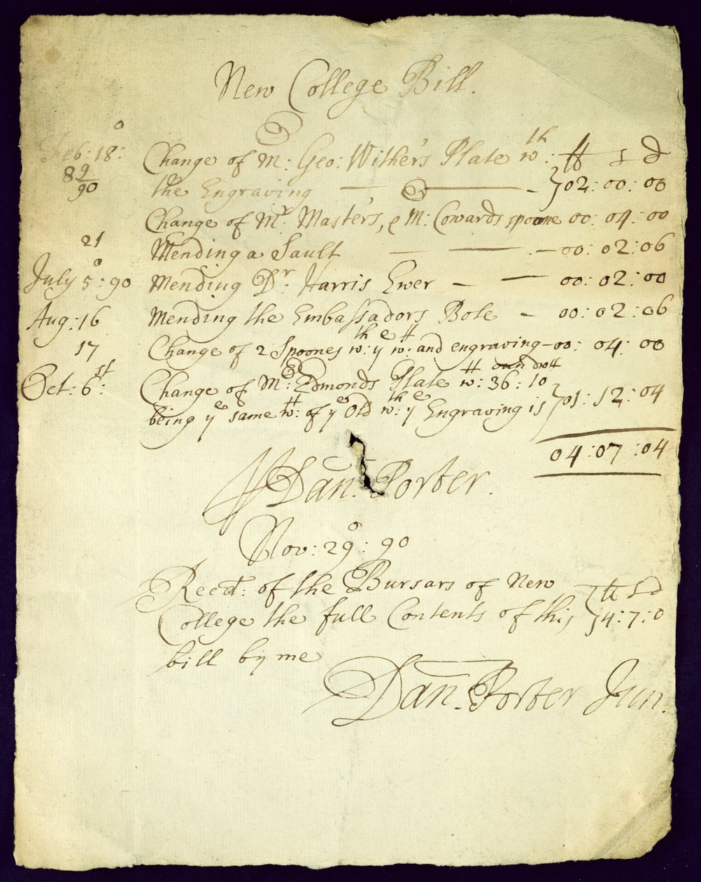 Rechnung von Daniel Porter an New College, 1690 von English School
