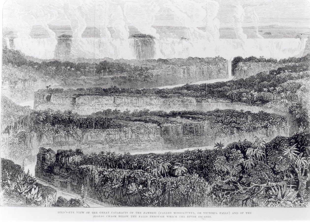 Vogelperspektive der Großen Katarakte des Sambesi (Victoriafälle) aus Narrative of an Exhibition to the Zambesi and its Tributaries, veröffentlicht 1865 von English School