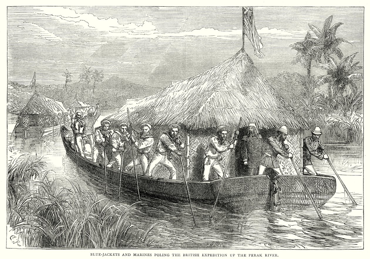 Blaue Jacken und Marinesoldaten staken die britische Expedition den Perak-Fluss hinauf (Gravur) von English School