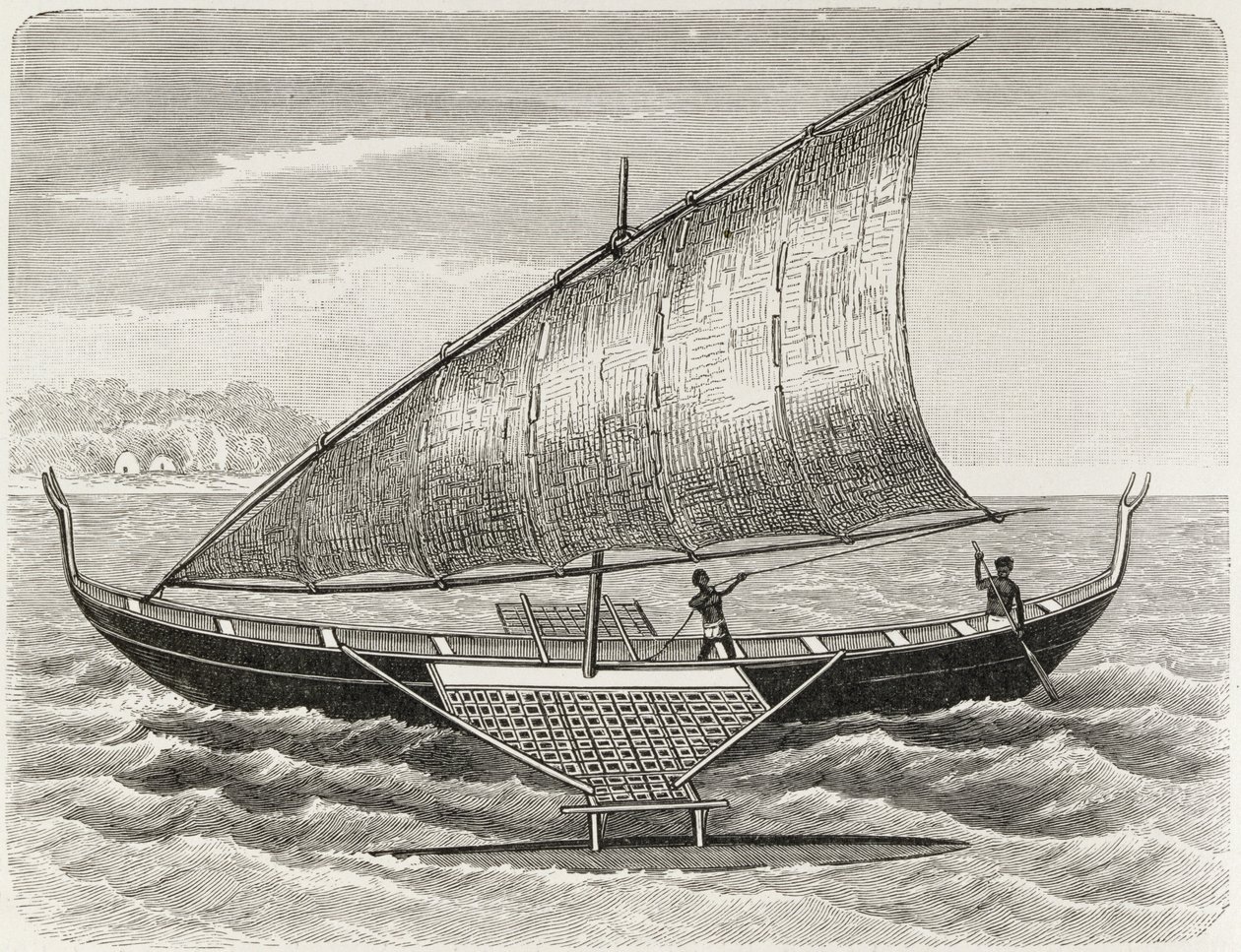 Boot der Mortlock-Inseln, mit Ausleger und Segel aus Schilfrohrmatten, aus 
