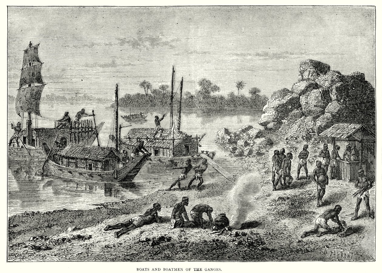 Boote und Bootsmänner des Ganges (Gravur) von English School