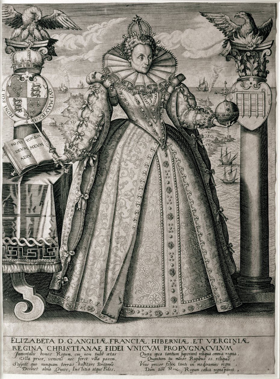 Buch-Frontispiz, das die glückliche und erfolgreiche Herrschaft von Königin Elisabeth I. feiert, 1596 von English School