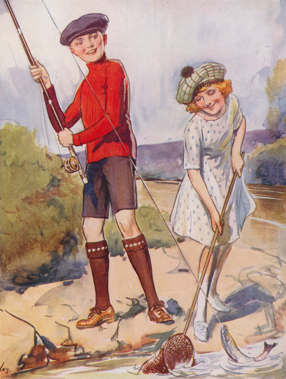 Junge und Mädchen fangen einen Fisch von English School