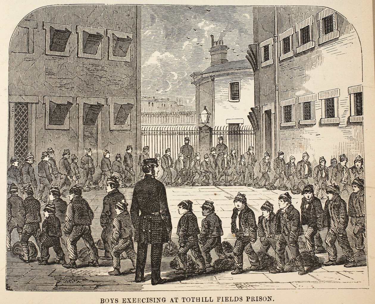 Jungen beim Sport im Tothill Fields Prison, Illustration aus The Criminal Prisons of London and Scenes from Prison Life von Henry Mayhew und John Binny, veröffentlicht 1862 von English School