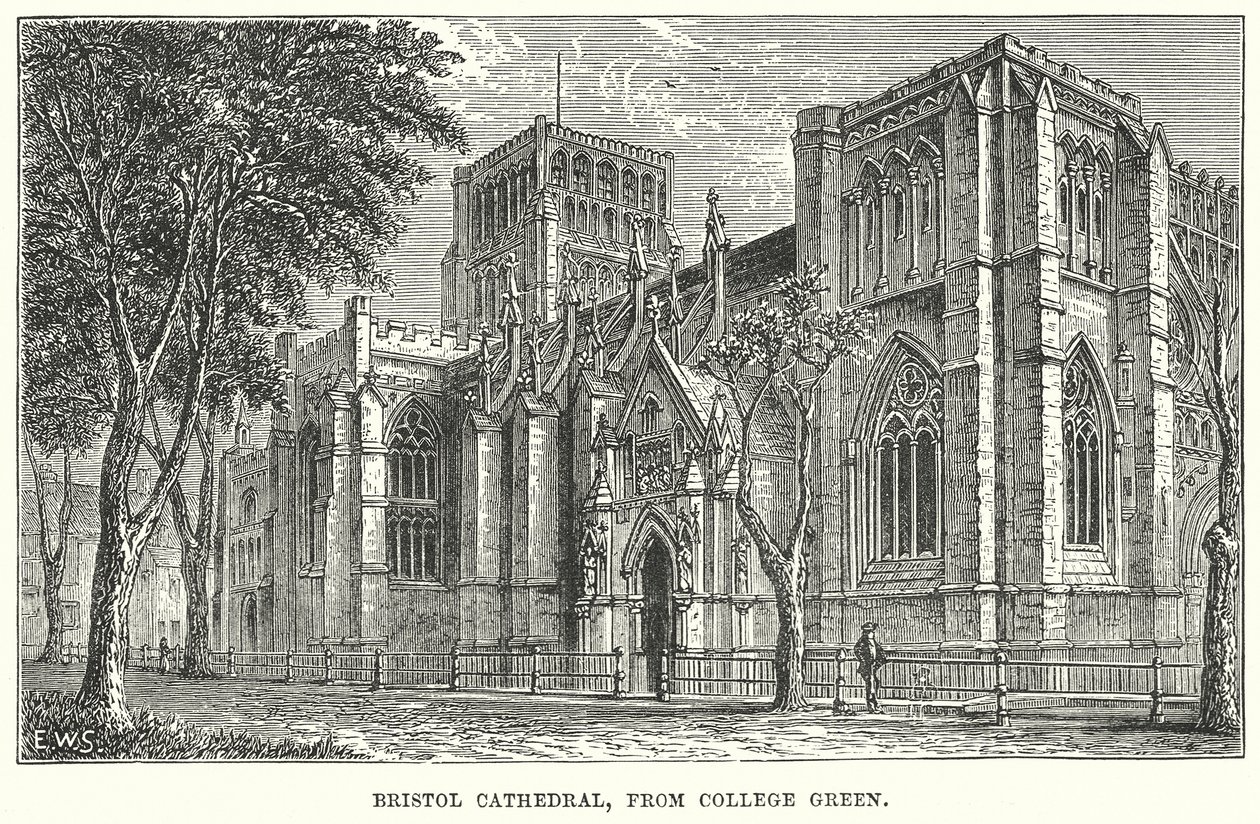 Bristol Kathedrale, vom College Green (Gravur) von English School