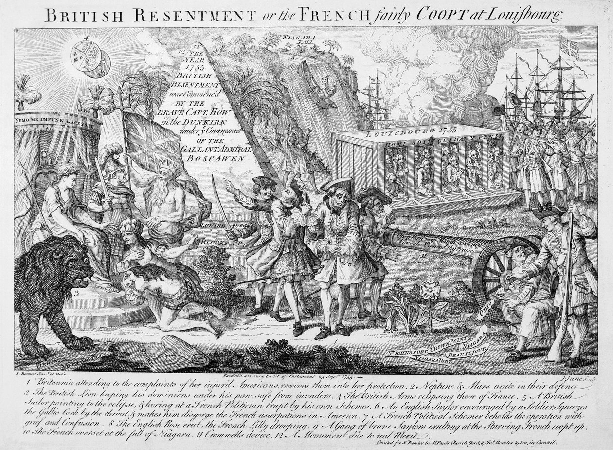 Britische Empörung oder, die Franzosen fair in Louisbourg gefangen, veröffentlicht am 25. September 1755 von English School