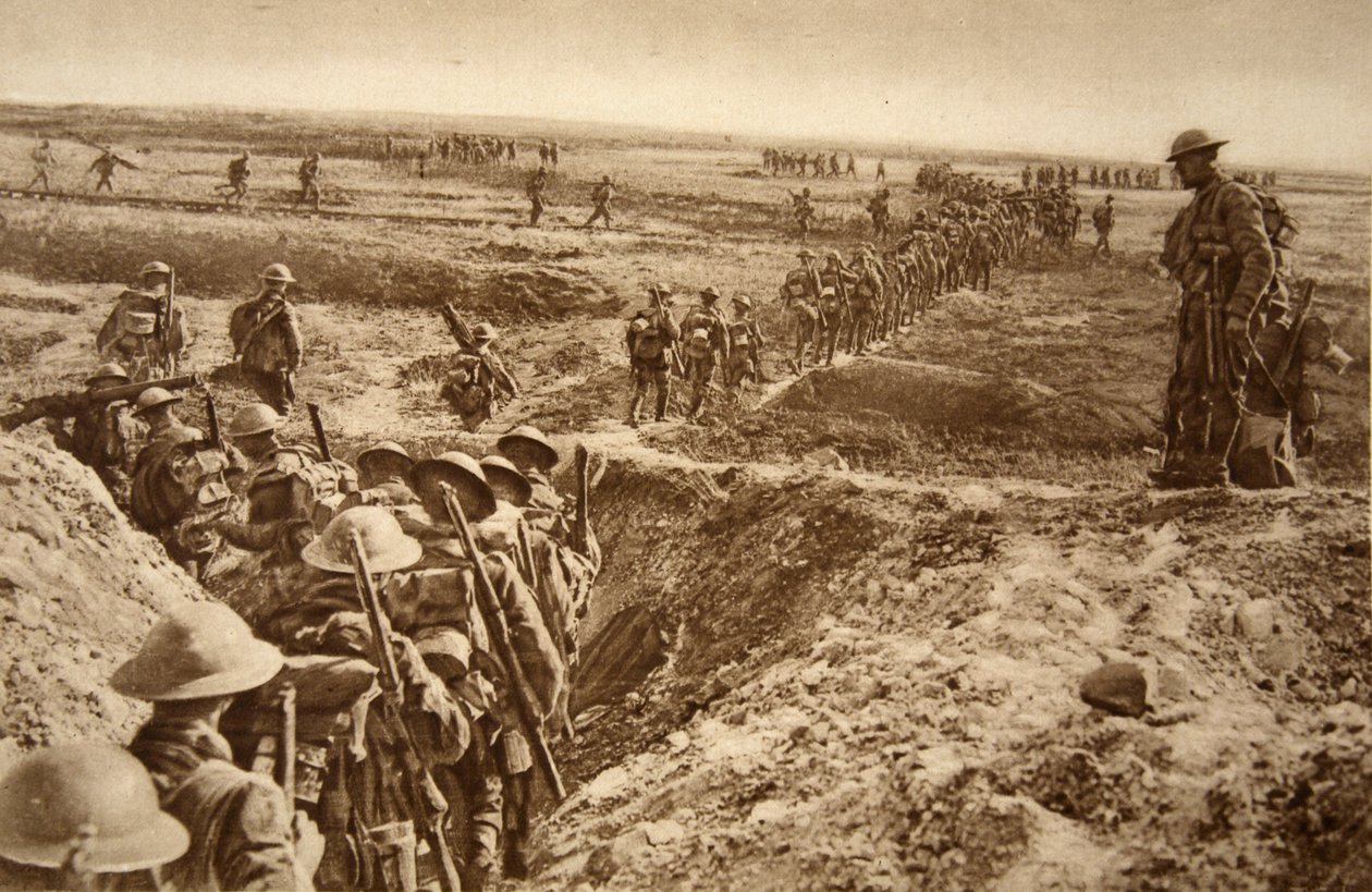 Britische Infanterie rückt im Vormarsch auf Cambrai vor, 1914-19 von English School