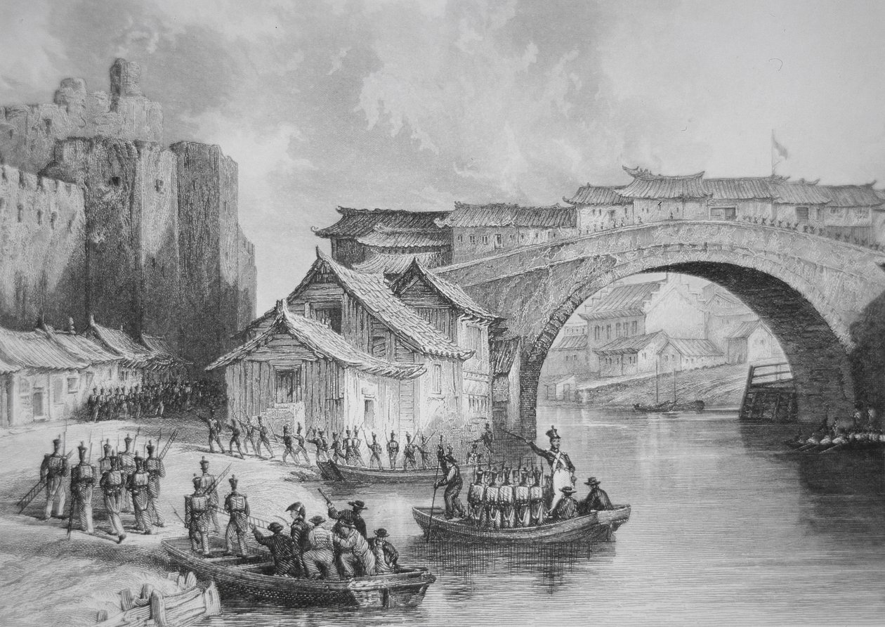 Britische Truppen landen am Westtor von Ching Keang während der Opiumkriege, Illustration nach einer Augenzeugenskizze von Captain Stoddard von English School