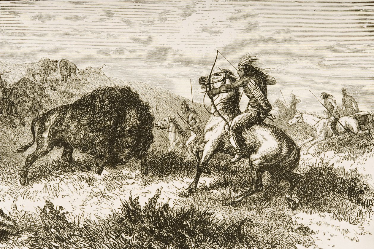 Büffeljagd auf den Great Plains zwischen St. Louis und Denver, ca. 1870, aus 