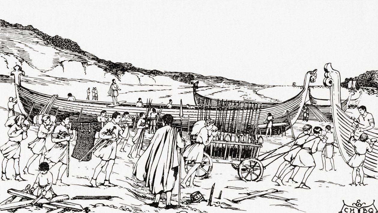 Bau der Schiffe für die normannische Invasion Englands durch Wilhelm den Eroberer von English School