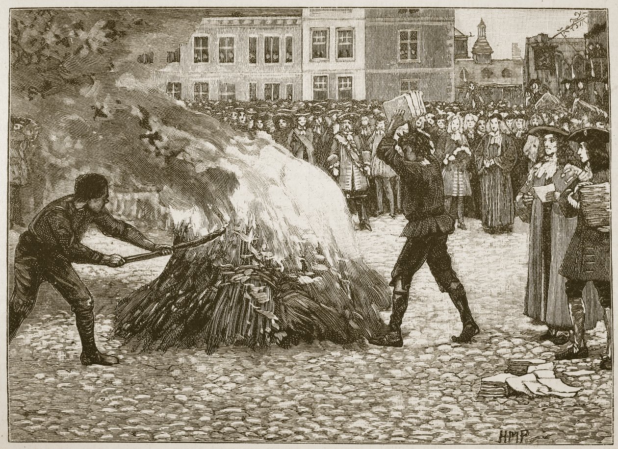Verbrennung des Pamphlets von Blount durch den Gemeinen Henker, Illustration aus Cassells Illustrierter Geschichte Englands von English School