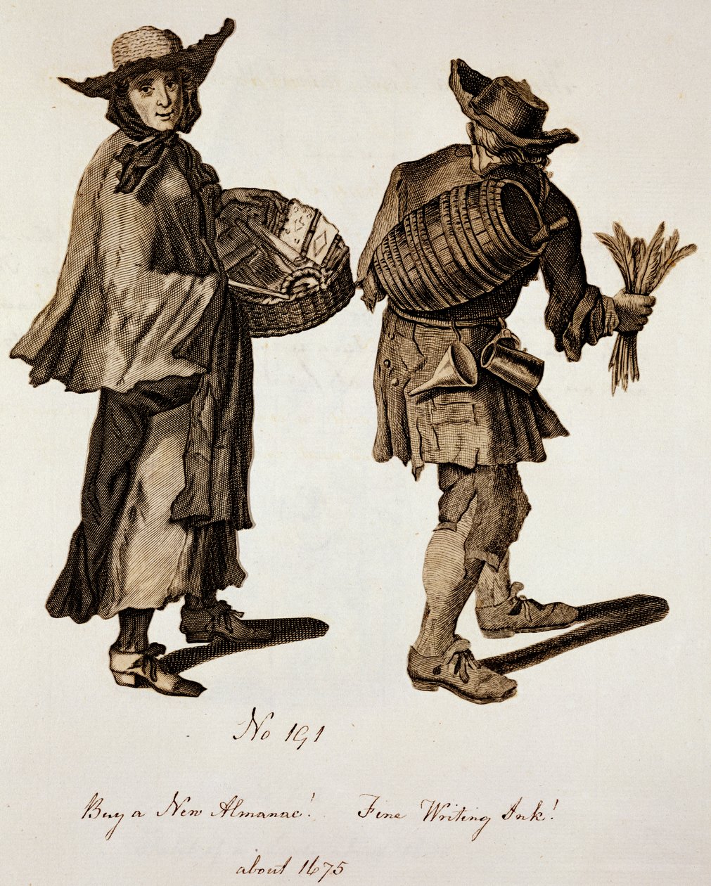 Kauft einen neuen Almanach! Feine Schreibfarbe!, Illustration von Straßenverkäufern um 1675 von English School