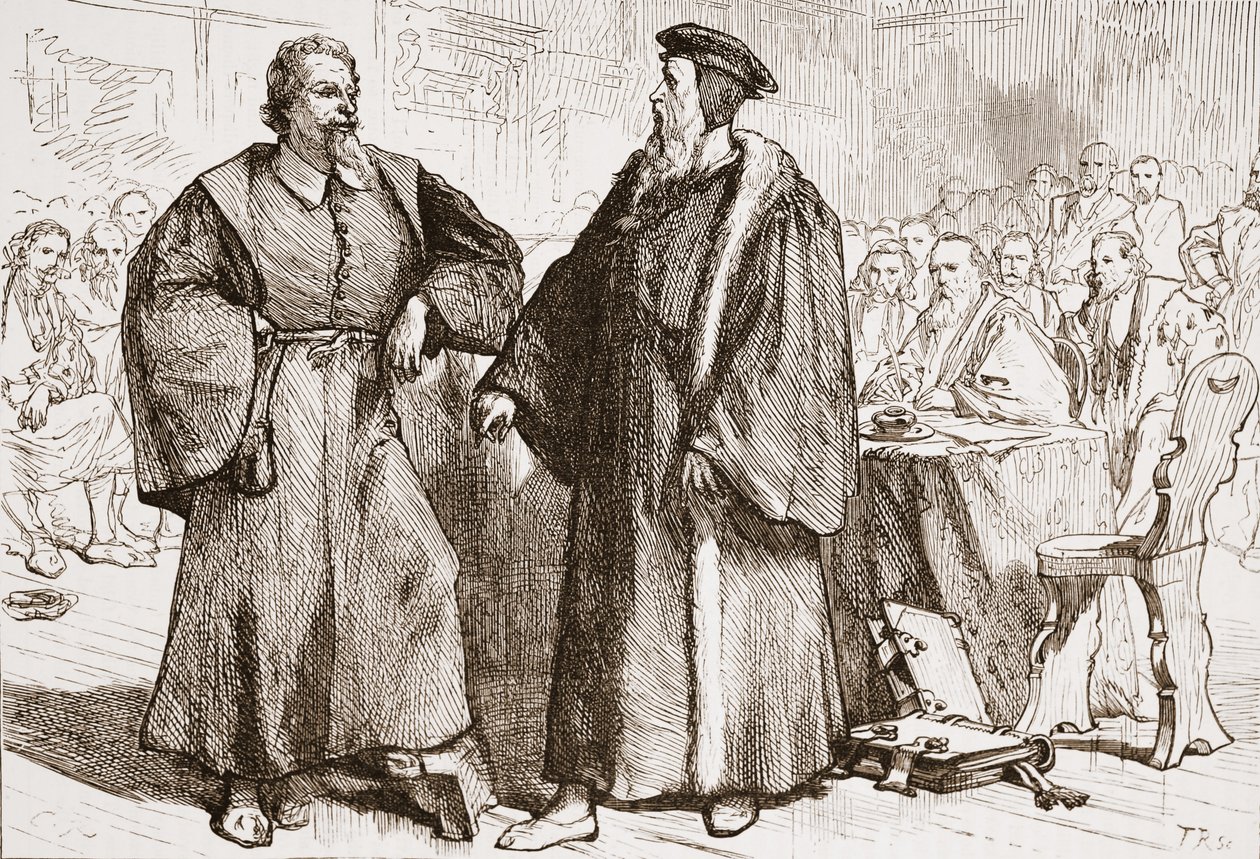 Calvin und Servetus vor dem Rat von Genf, Illustration aus Die Geschichte des Protestantismus von James Aitken Wylie, veröffentlicht 1878 von English School