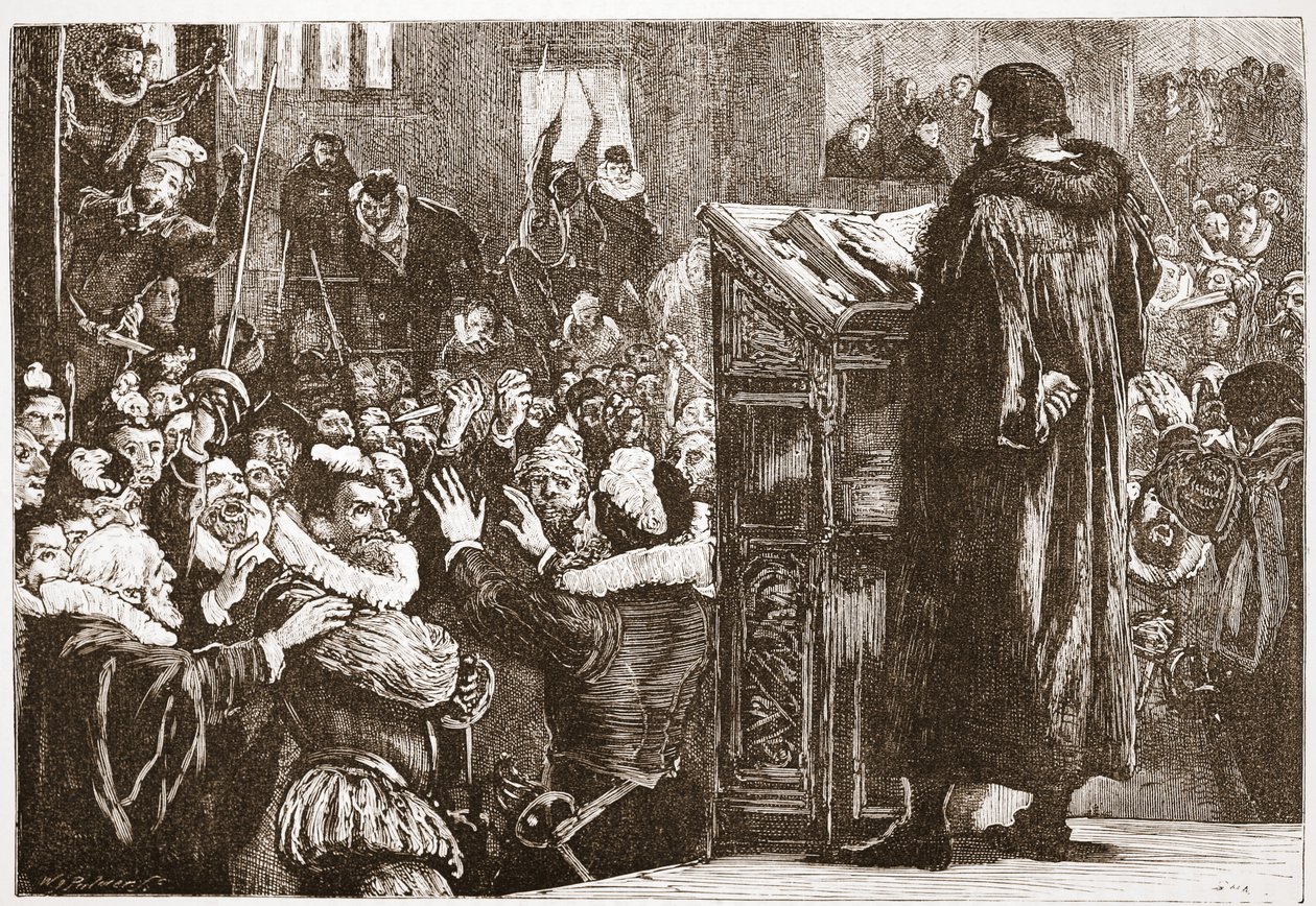 Calvin wird in der Kirche von Rive bedroht, Illustration aus Die Geschichte des Protestantismus von James Aitken Wylie, veröffentlicht 1878 von English School
