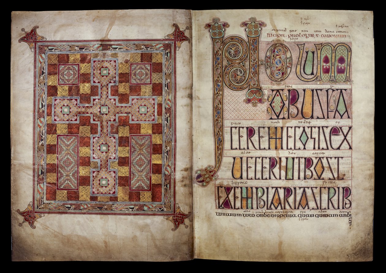 Teppichseite und Incipit-Seite, die den Brief des Hl. Hieronymus an Papst Damasus einleiten, aus den Lindisfarne Evangelien, 710-721 von English School