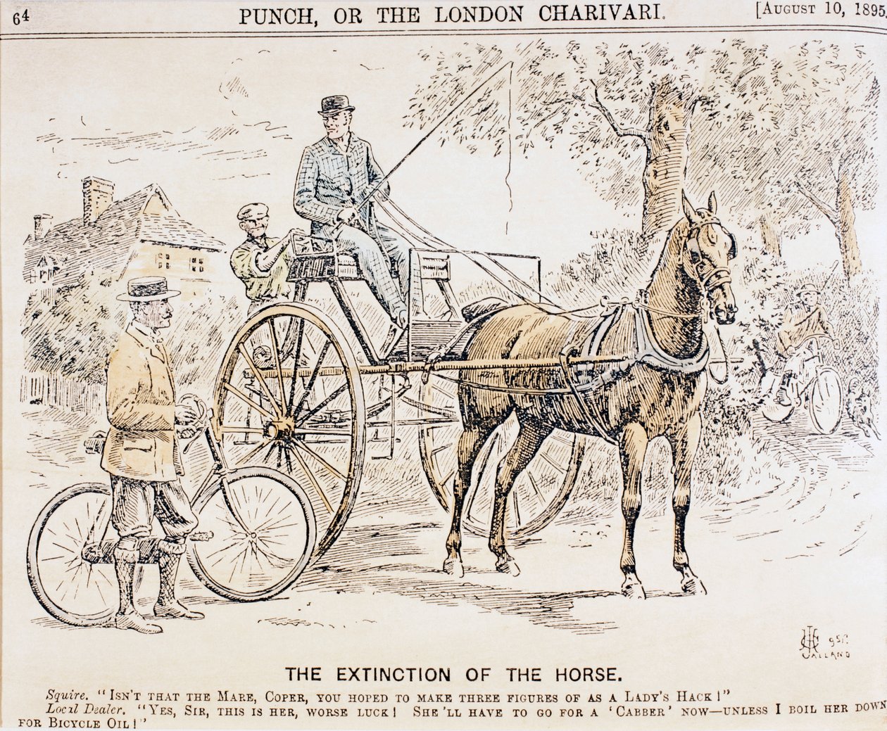 Karikatur über das Aufkommen von Fahrrädern und motorisierten Verkehrsmitteln und das daraus resultierende Ende des Pferdeverkehrs, aus der Zeitschrift Punch, 10. August 1895 von English School