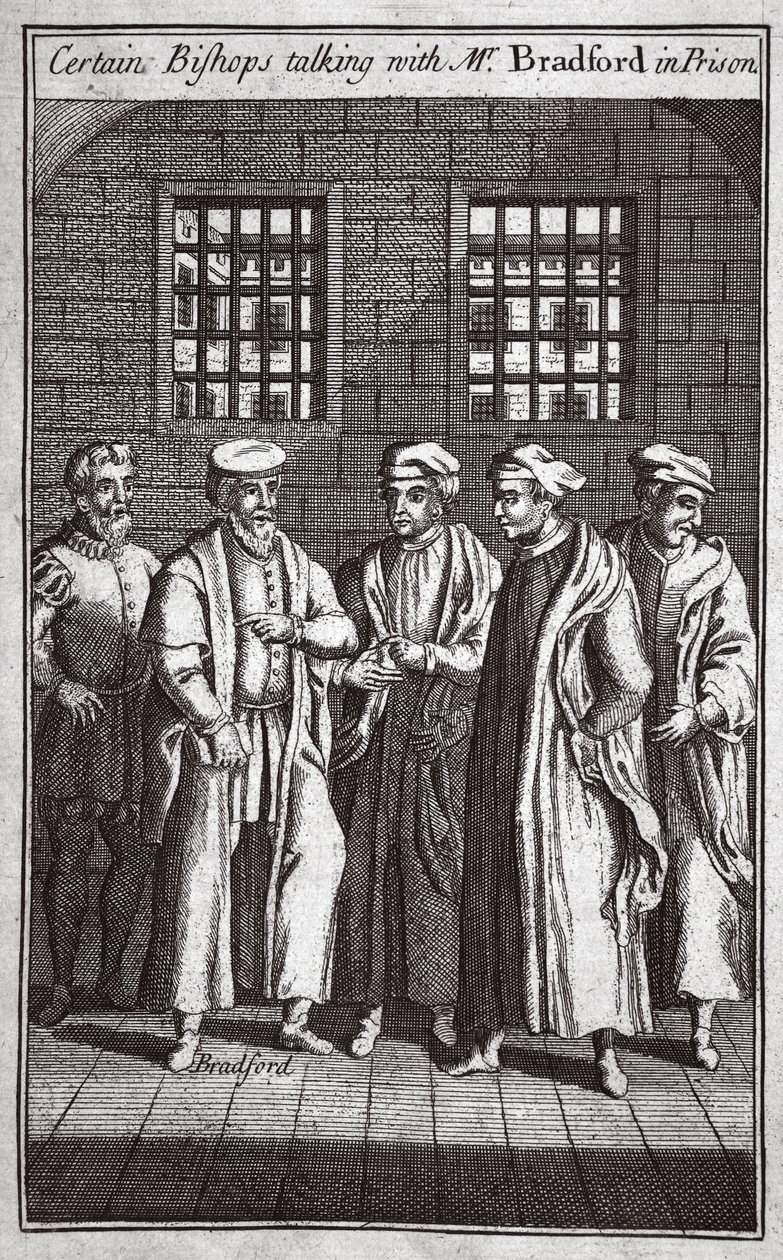Bestimmte Bischöfe sprechen mit Mr. Bradford im Gefängnis, Illustration aus Foxes Märtyrer, ca. 1703 von English School