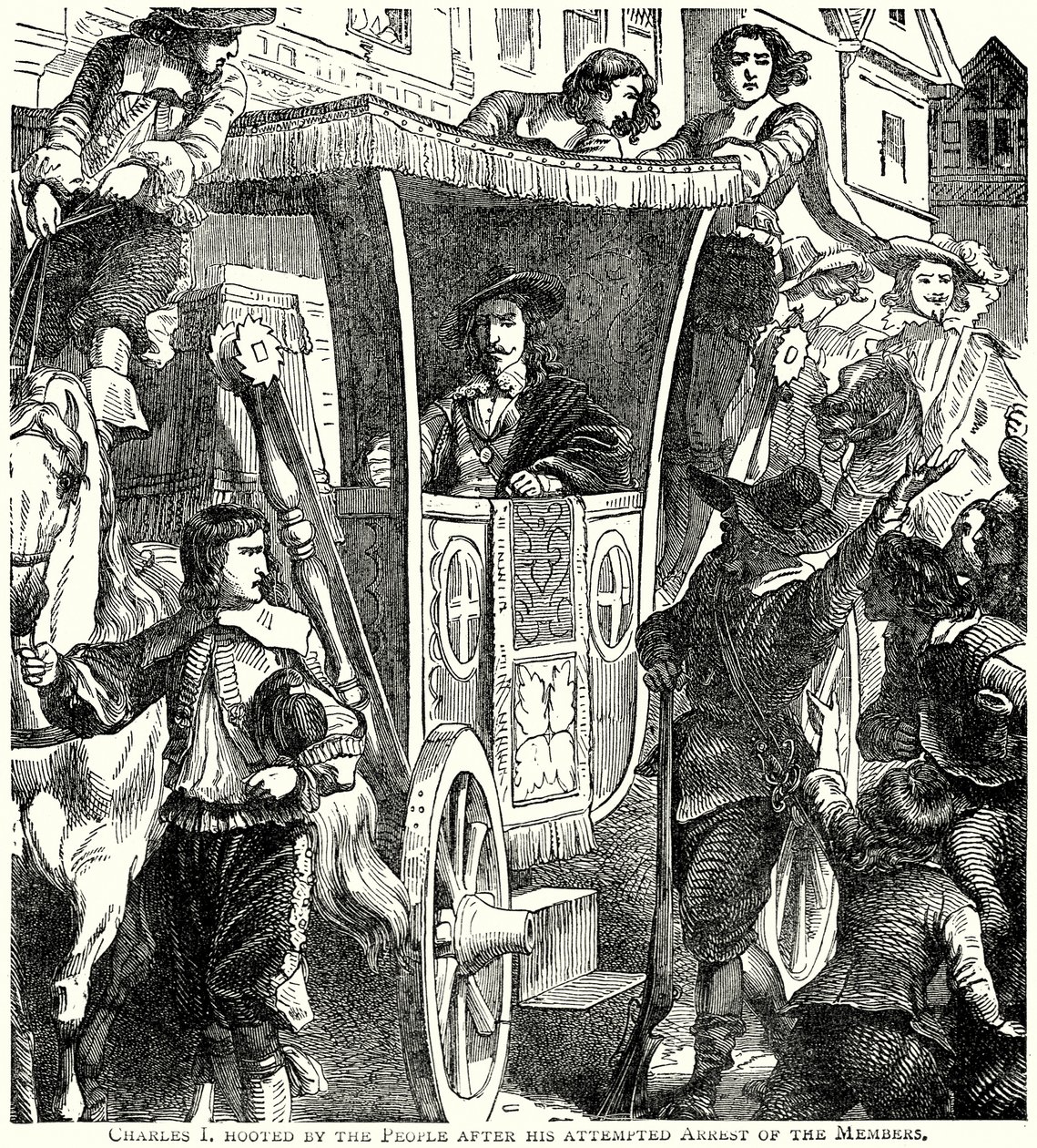 Karl I. wird vom Volk ausgebuht nach seinem versuchten Arrest der Mitglieder von English School