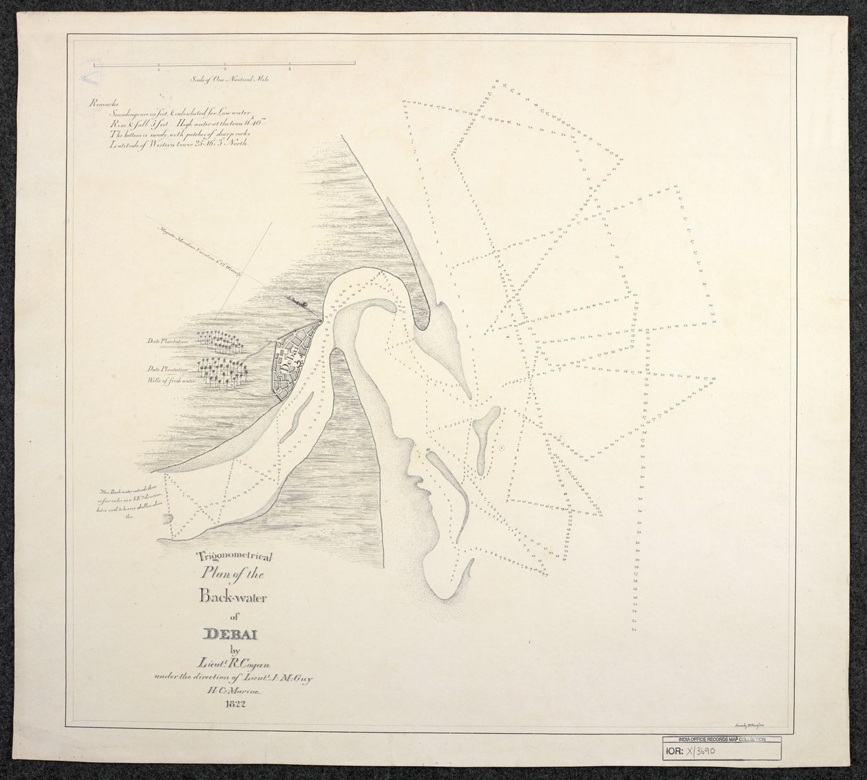 Karte von Dubai im Jahr 1822 von Marinevermessern der Englischen Ostindien-Kompanie, betitelt Trigonometrischer Plan des Hinterwassers von Debai von Leutnant R. Cogan unter der Leitung von Leutnant J. M. Guy, H. C. Marine von English School