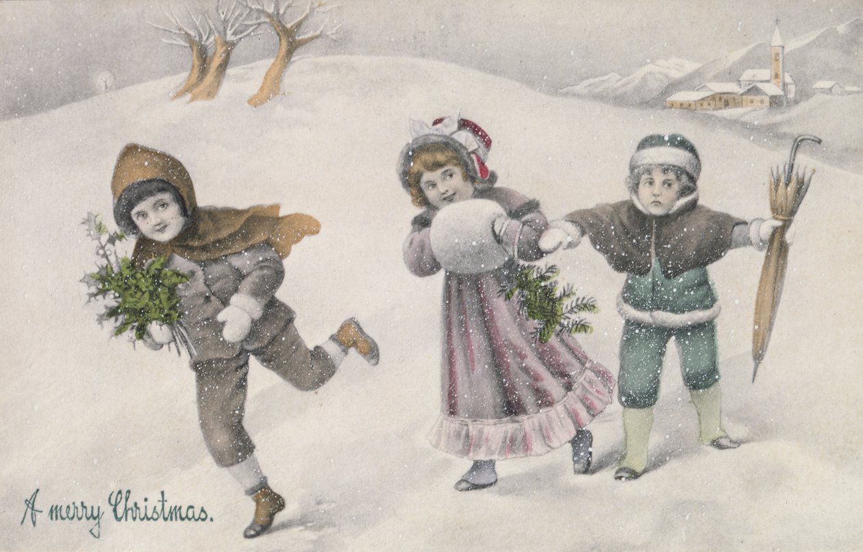 Kinder im Schnee, viktorianische Postkarte von English School