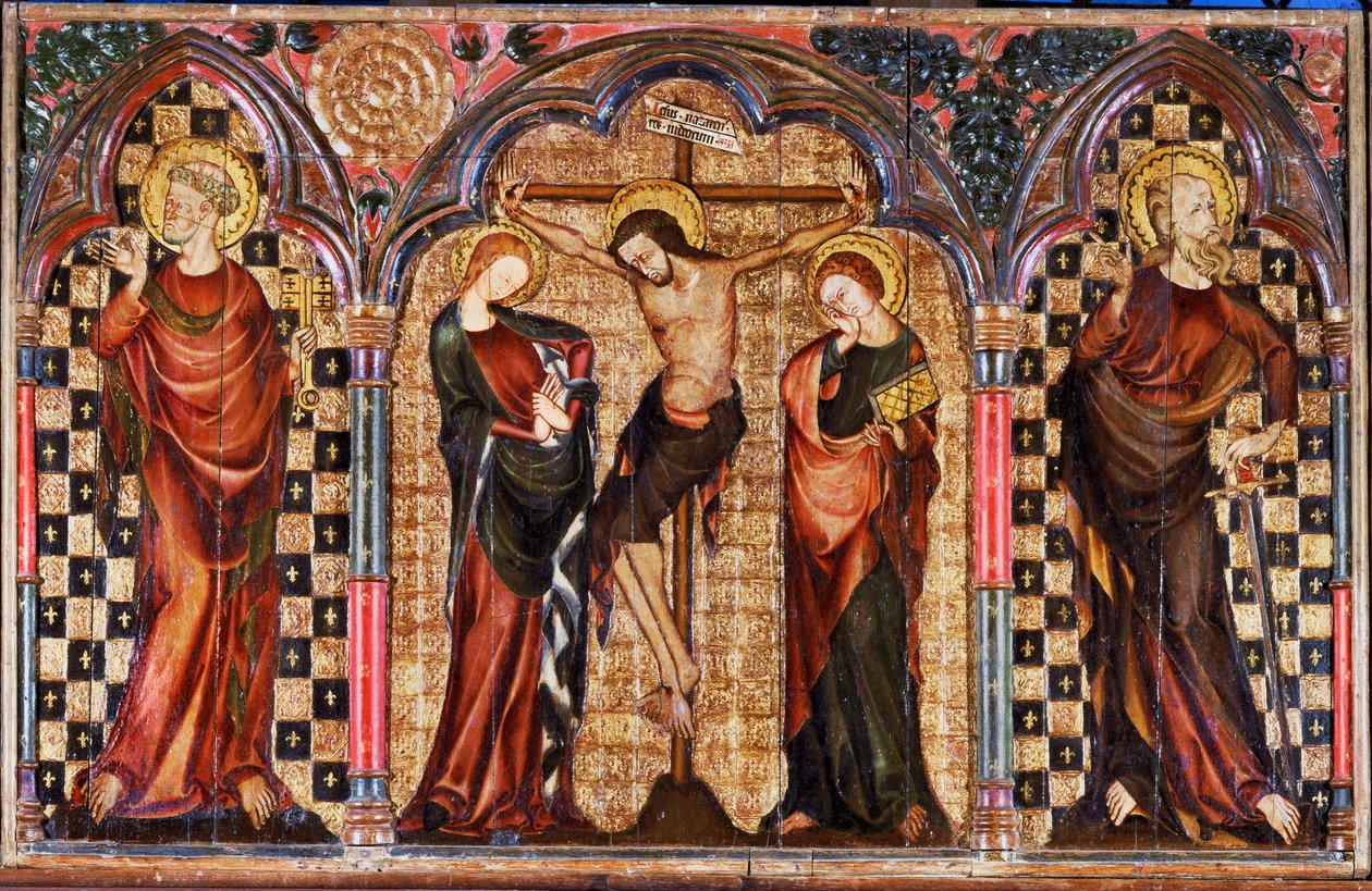 Christus umgeben von der Heiligen Maria und Johannes dem Täufer, aus dem Mittelstück des Kreuzigungsaltars von English School