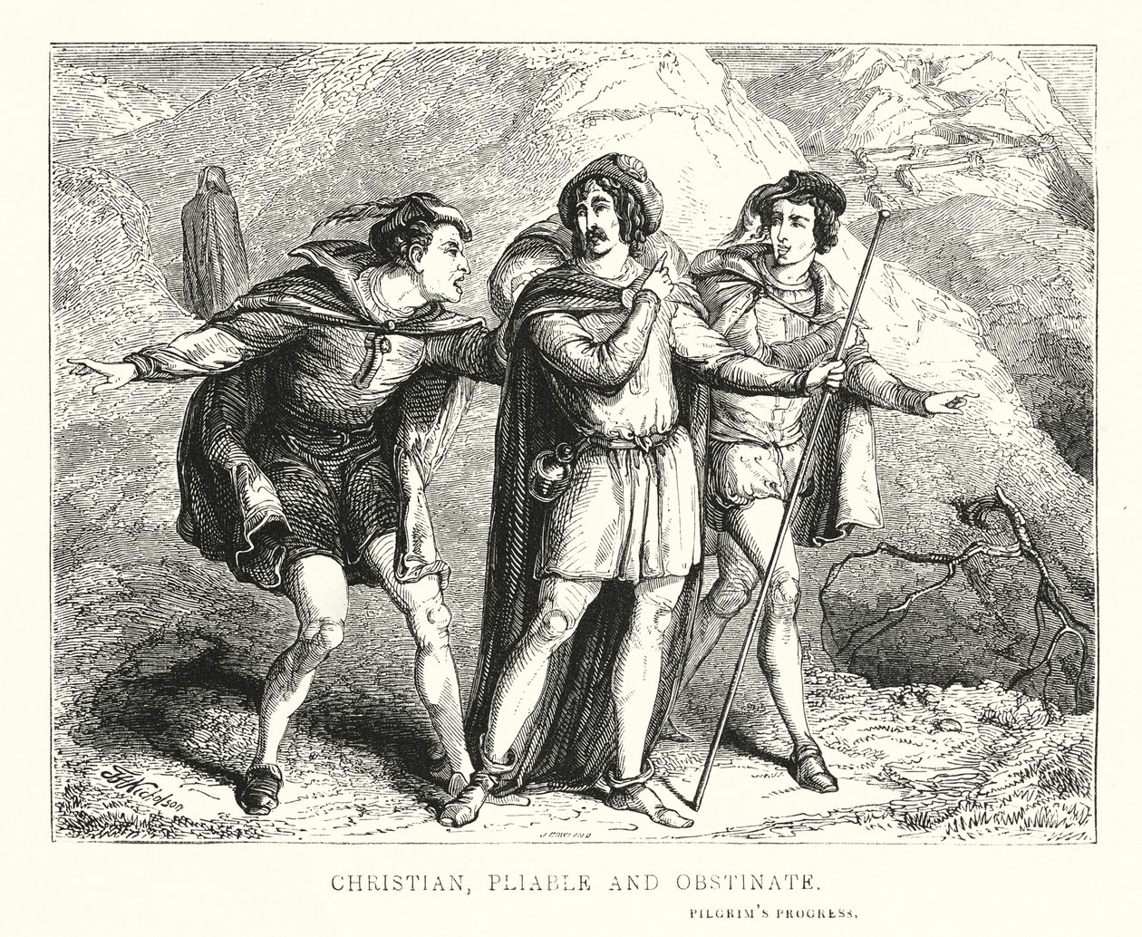 Christian, Pliable und Obstinate (Gravur) von English School