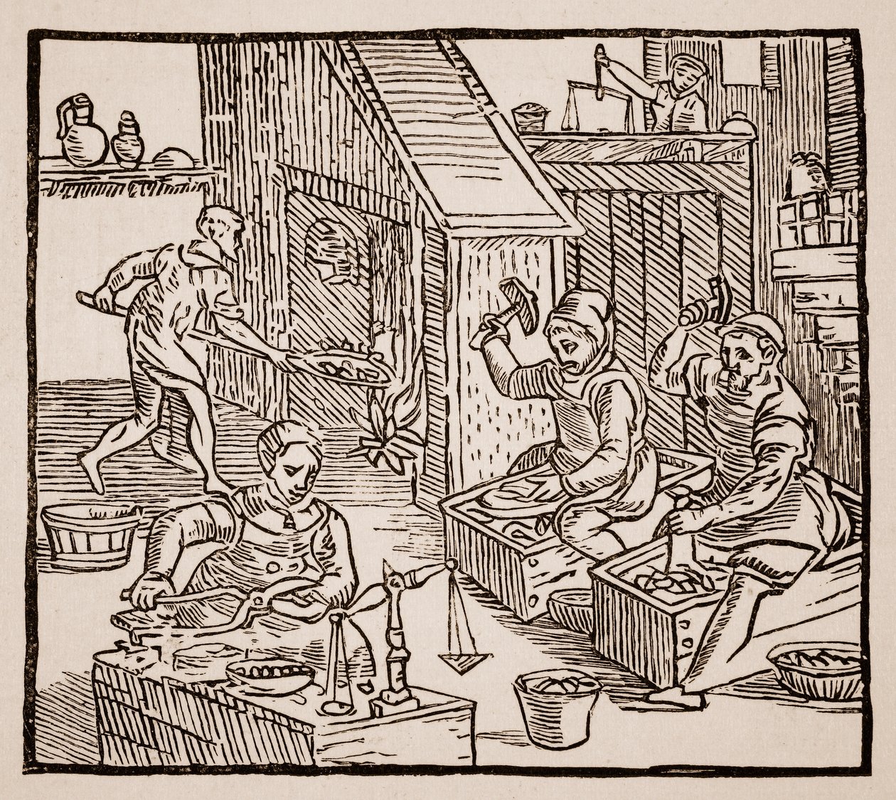 Münzpräger bei der Arbeit, 1577 (Sepia-Foto) von English School