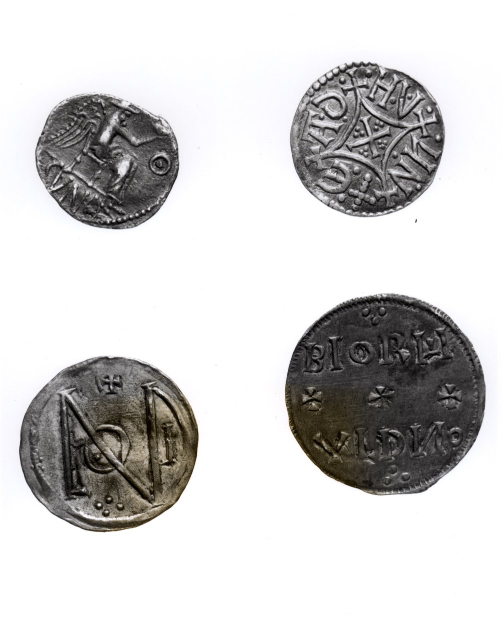 Münzen von Cunobelinus oder Cymbeline (gest. 43 n. Chr.), Offa, König von Mercia (757-96 n. Chr.) und Alfred (871-99 n. Chr.) und Edward der Ältere (871-924 n. Chr.) von English School