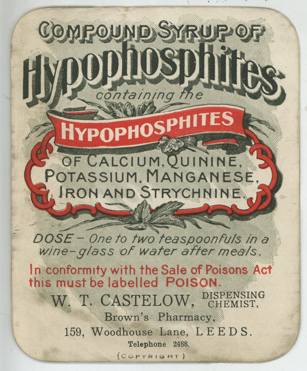 Etikett für Compound Syrup of Hypophosphites, frühes 20. Jahrhundert von English School