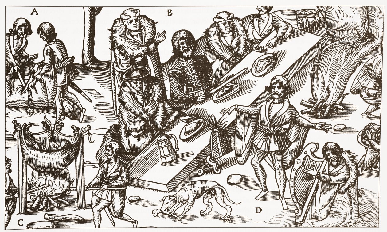Zeitgenössische Illustration eines gälischen irischen Häuptlings beim Essen von English School