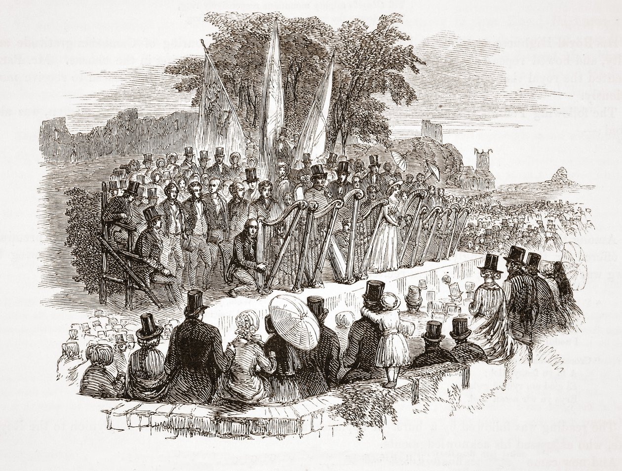 Wettbewerb um die Goldene Harfe beim Royal Denbigh Eisteddfod vor H.R.H. dem Herzog von Sussex, 1828 von English School