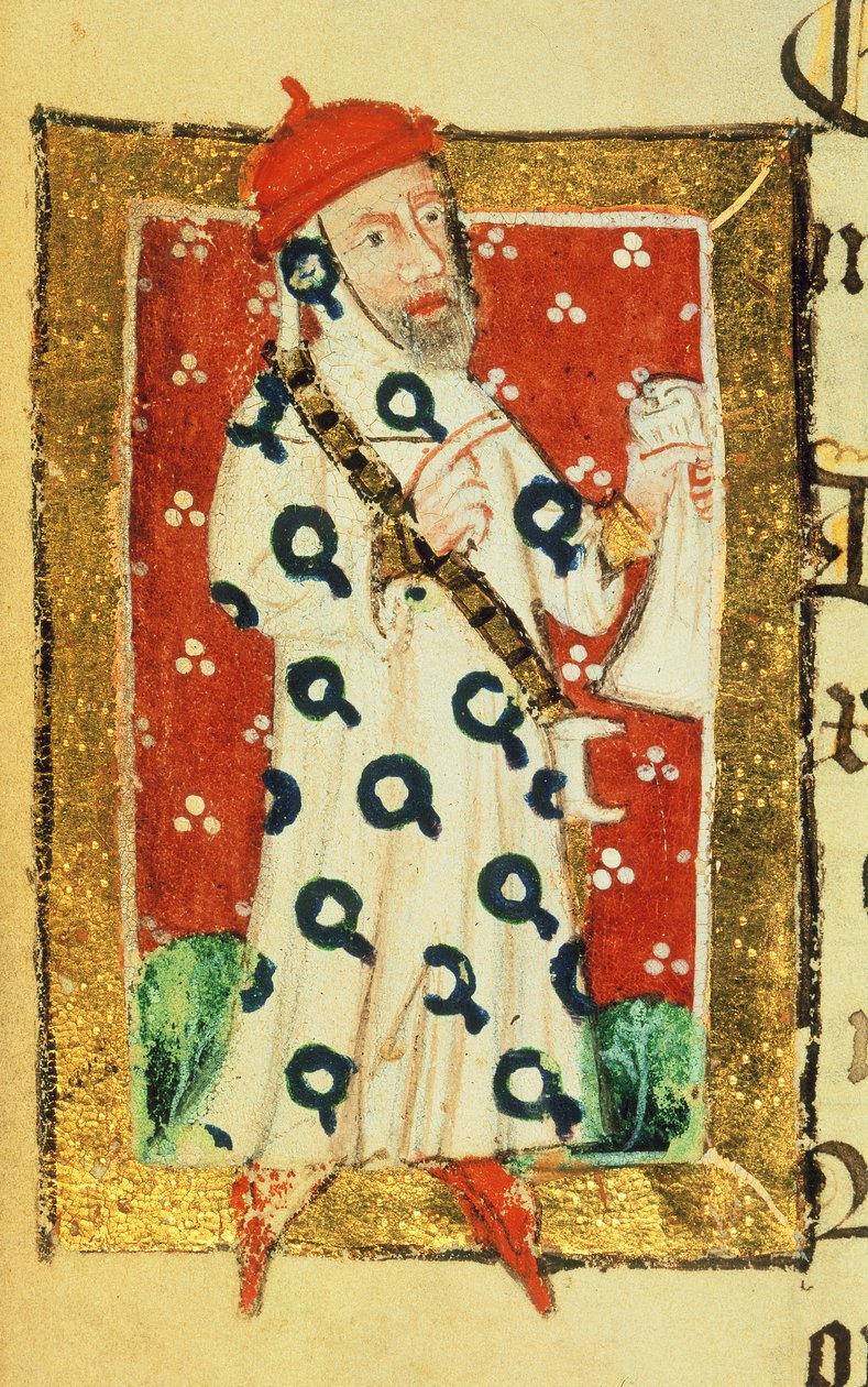 Cott Nero D VII f.105v Nigel Lorning, Ritter des Hosenbandordens, aus dem Wohltäterbuch der St. Alban