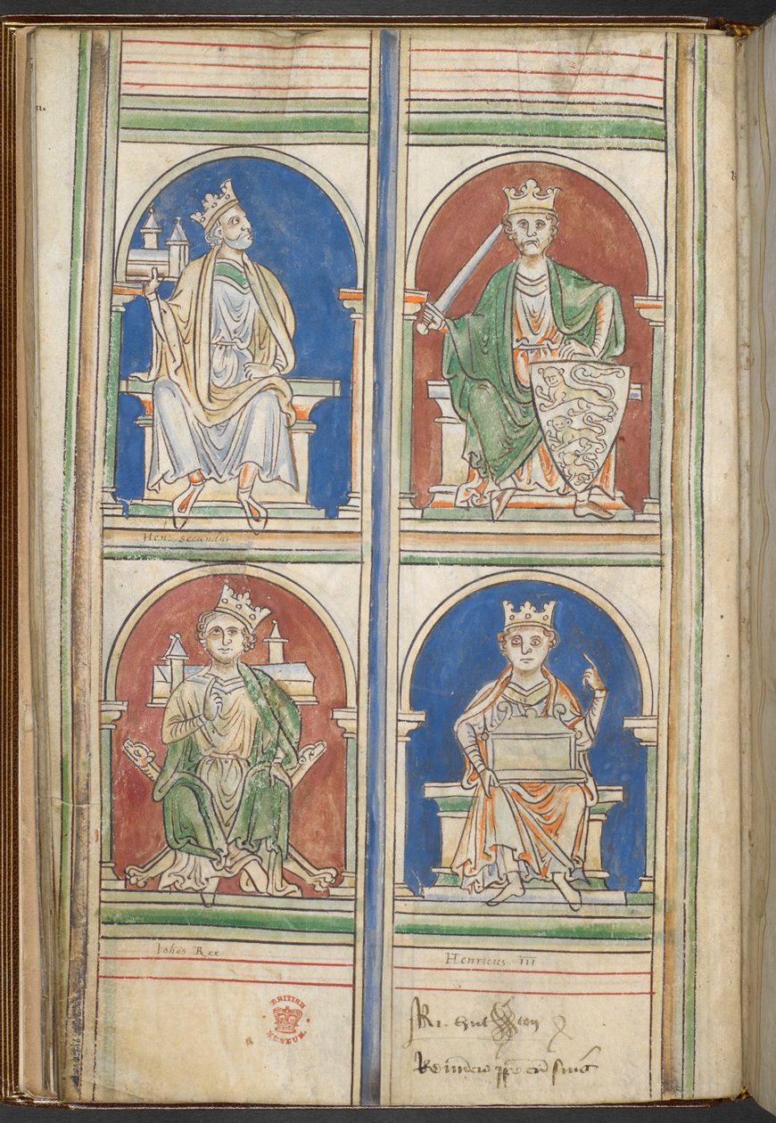 Cotton Claudius D VI f.9v Vier Könige von England: Heinrich II., Richard I., Johann und Heinrich III. aus Die Könige von England von Brutus bis Heinrich III., von Matthew Paris, ca. 1250-59 von English School