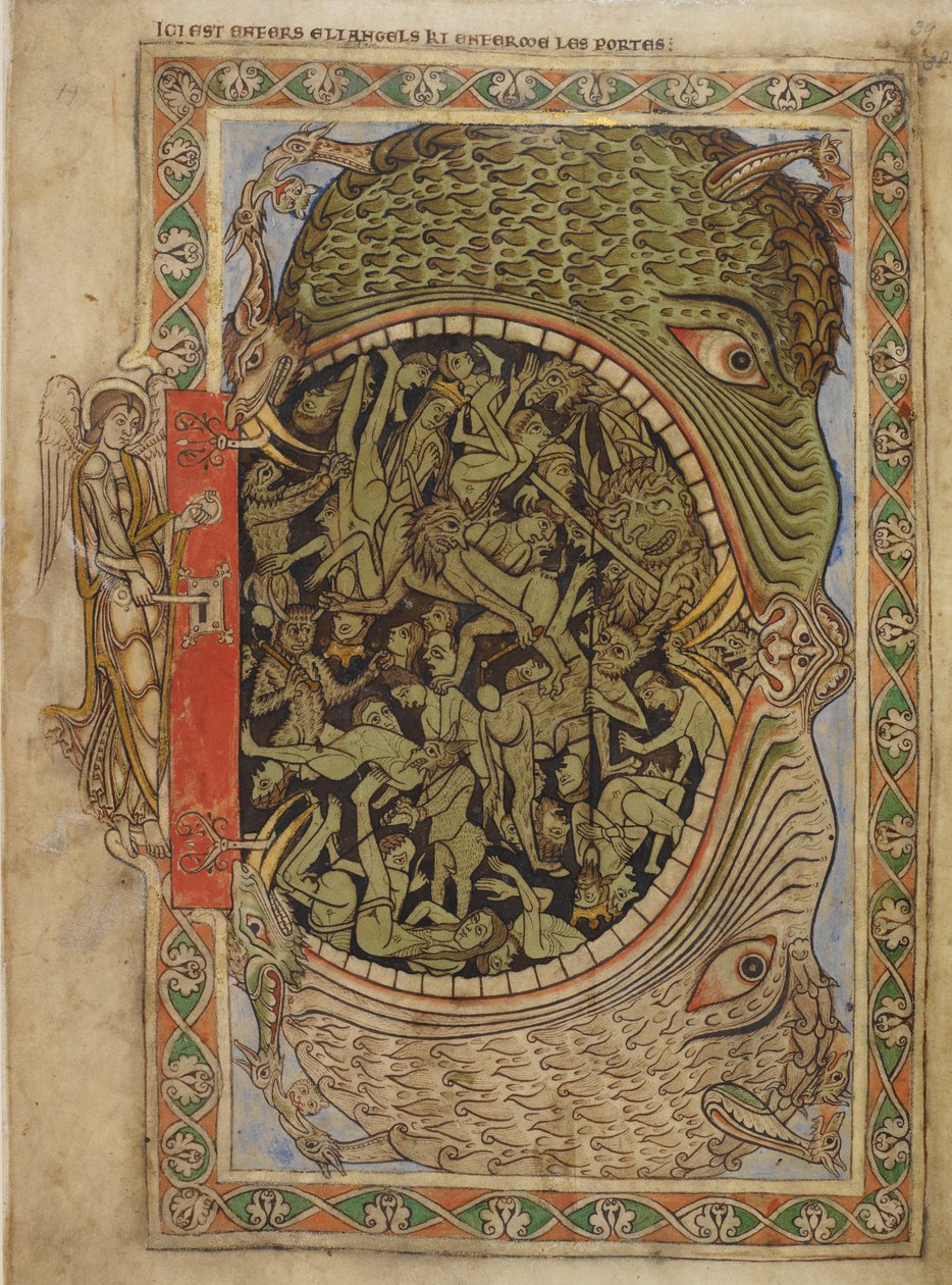 Cotton Nero C IV f.39 Die Kiefer der Hölle von einem Engel verschlossen, aus dem Psalter von Heinrich von Blois, ca. 1121-61 von English School