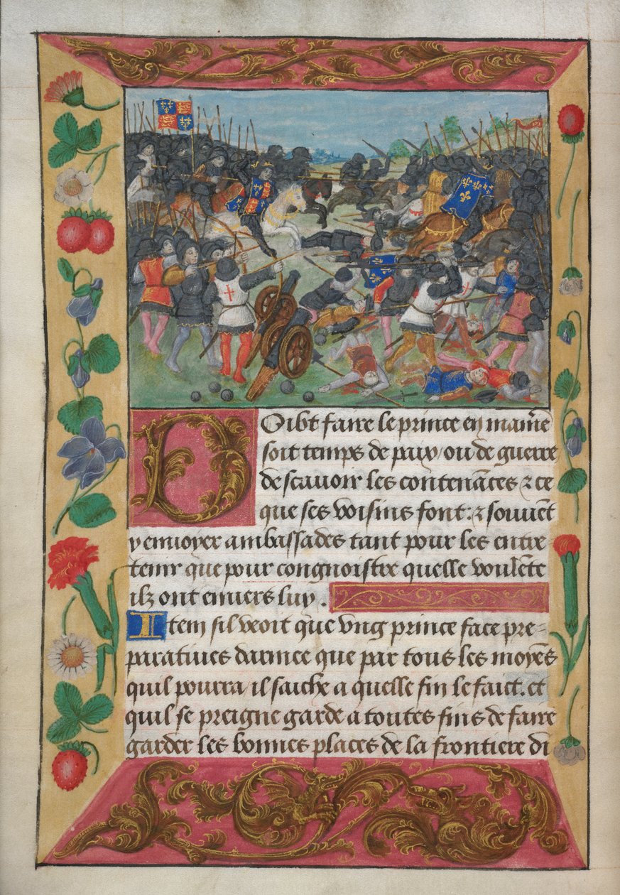 Der König von England auf einem weißen Pferd, der den fliehenden König von Frankreich jagt, aus Robert de Balsacs Handbuch über Kriegsführung zur Unterweisung eines Prinzen, ca. 1490er (Pergament) von English School