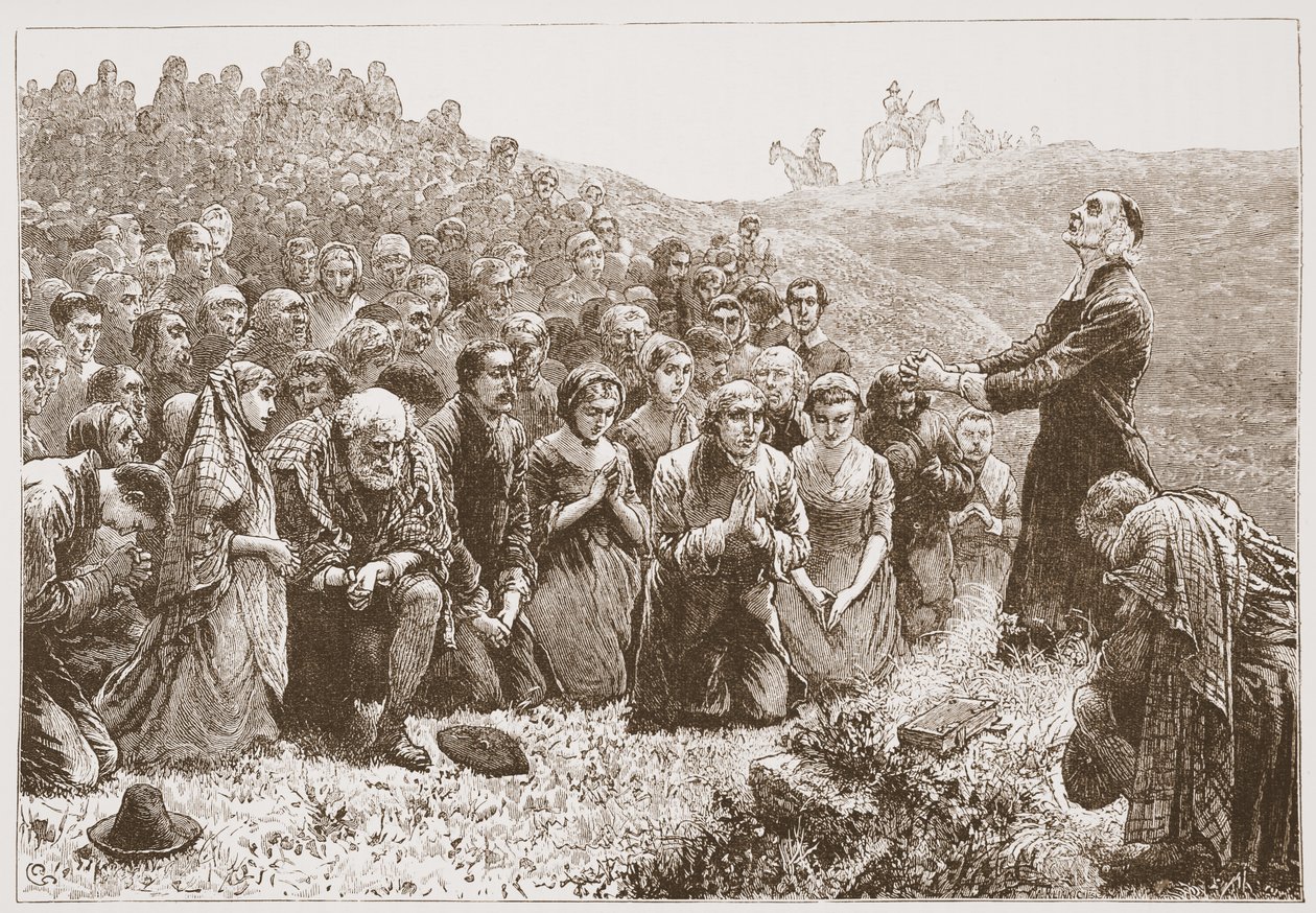Bundesschließer beten am Ufer des Whitadder, Illustration aus The History of Protestantism von James Aitken Wylie, veröffentlicht 1878 von English School