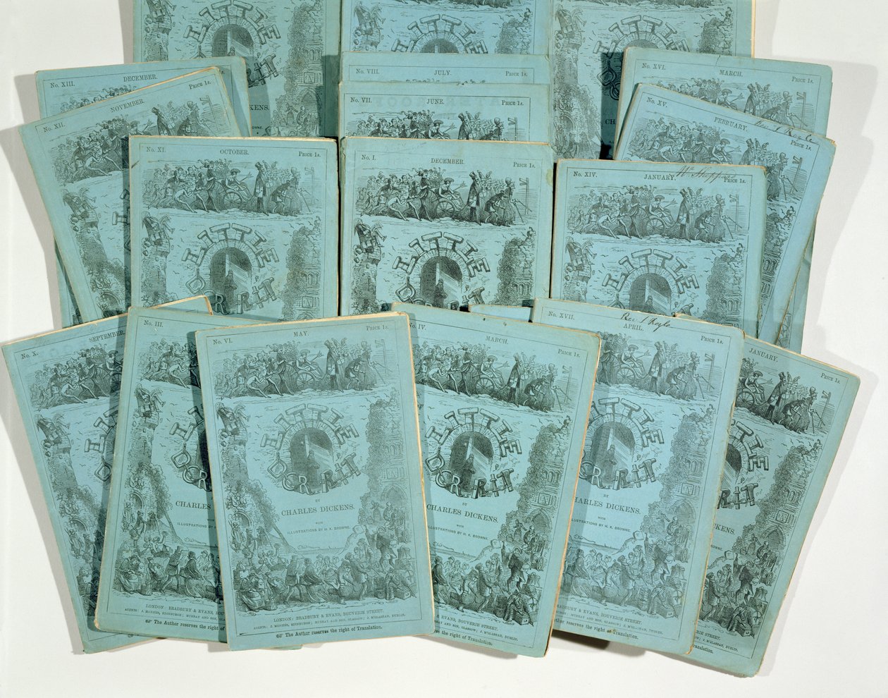Umschläge der monatlichen Ausgaben von Little Dorrit von Charles Dickens, veröffentlicht ca. 1856 von English School